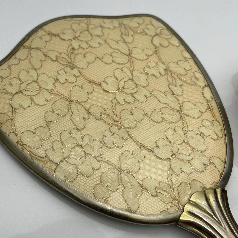 Vintage 60s Gold Tone Ornate Laced Vanity Dresser Hand Mirror Brush Set Made USA